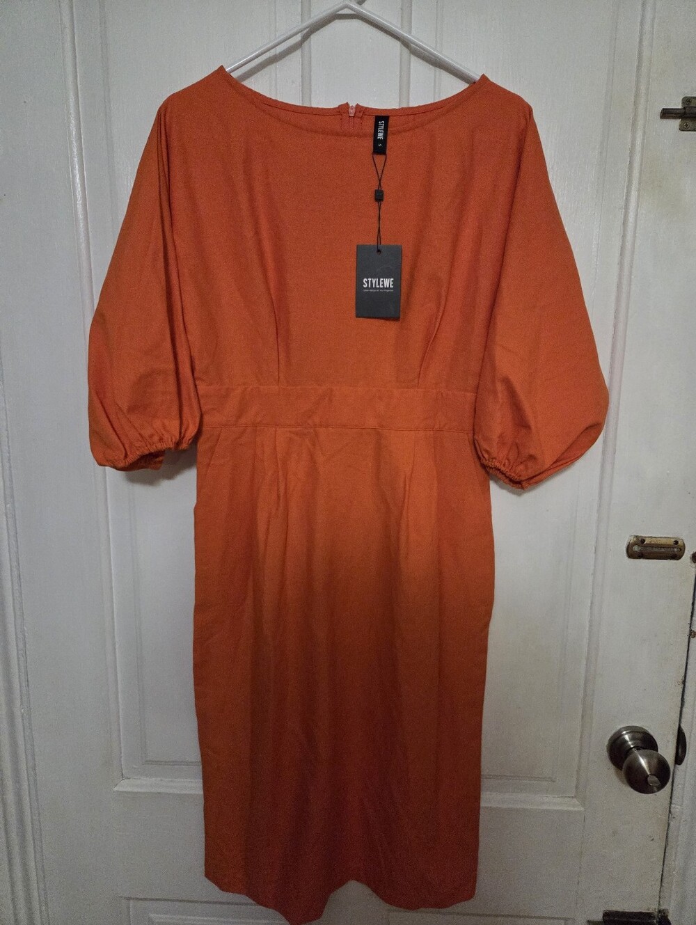 STYLEWE Orange Puff-Sleeve Midi Dress